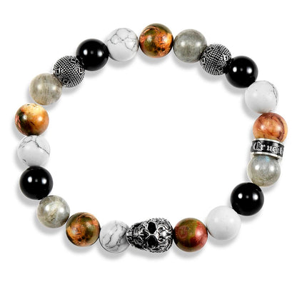 Single Skull Stretch Bracelet with 10mm Polished Black Onyx, Labradorite, Howlite and Picasso Jasper Beads