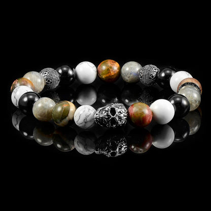 Single Skull Stretch Bracelet with 10mm Polished Black Onyx, Labradorite, Howlite and Picasso Jasper Beads