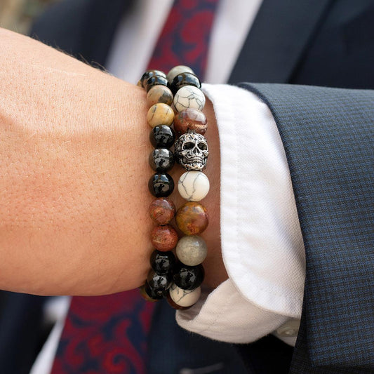 Crucible Jewelry Single Skull Stretch Bracelet with 10mm Polished Black Onyx, Labradorite, Howlite and Picasso Jasper Beads