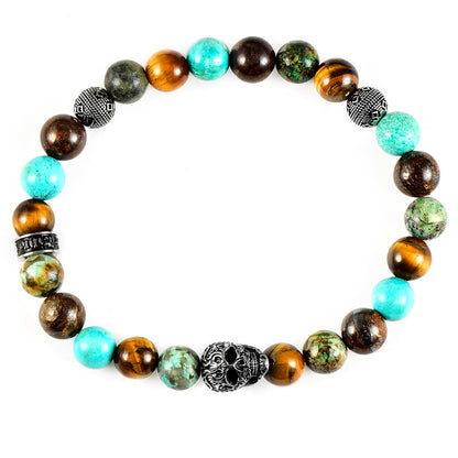 Single Skull Stretch Bracelet with 8mm Tiger Eye, Genuine Turquoise, African Turquoise and Bronzite Beads