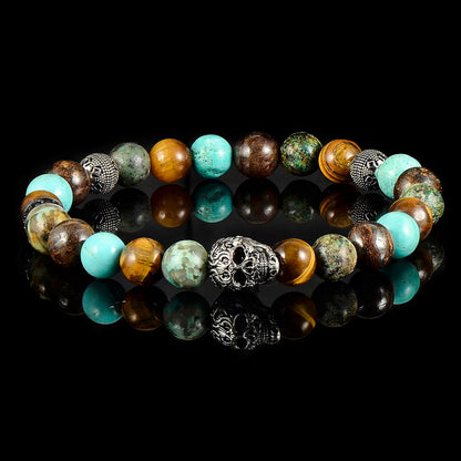 Single Skull Stretch Bracelet with 8mm Tiger Eye, Genuine Turquoise, African Turquoise and Bronzite Beads