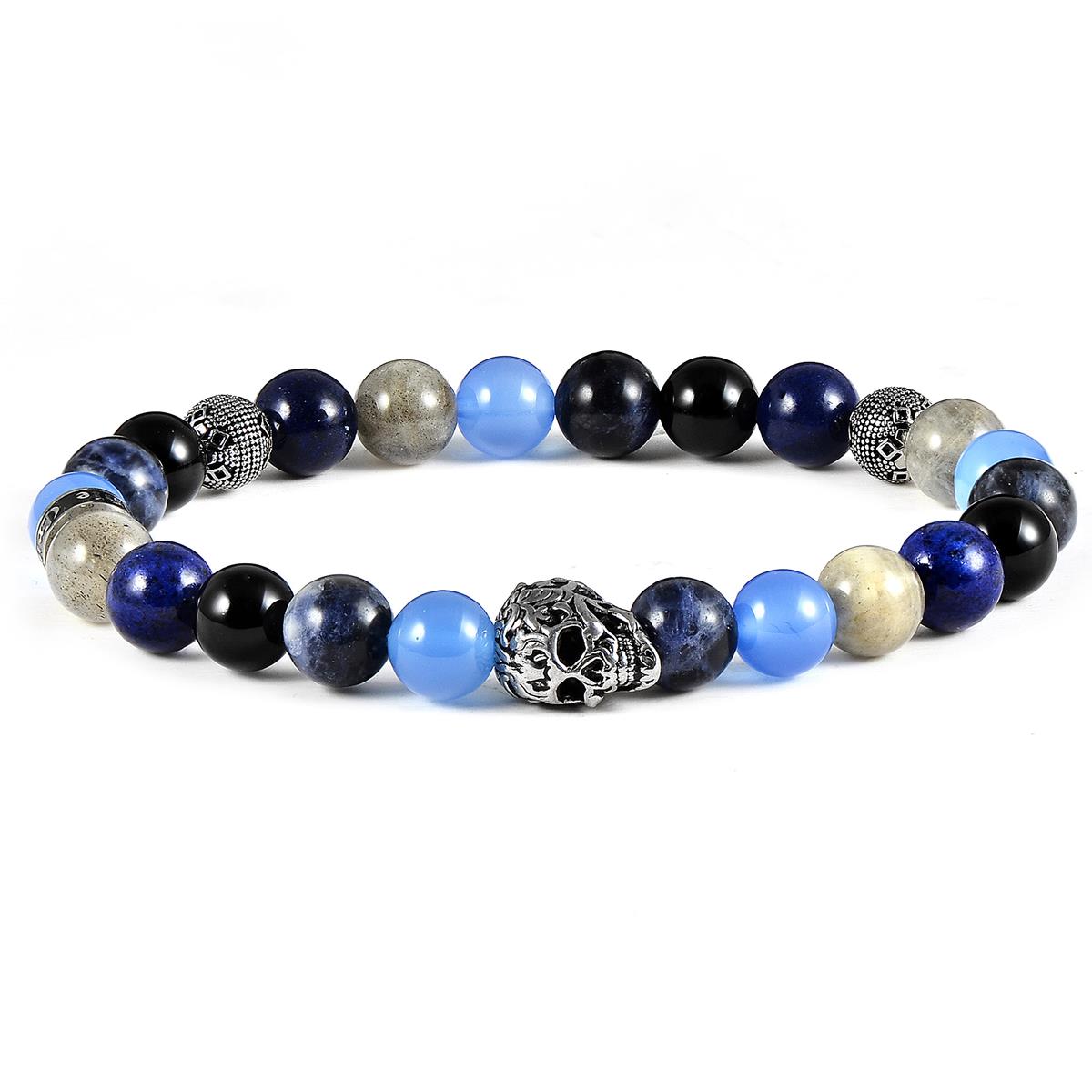 Crucible Jewelry Single Skull Stretch Bracelet with 8mm Polished Black Onyx, Lapis Lazuli, Sodalite, Labradorite and Agate Beads