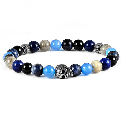 Crucible Jewelry Single Skull Stretch Bracelet with 8mm Polished Black Onyx, Lapis Lazuli, Sodalite, Labradorite and Agate Beads