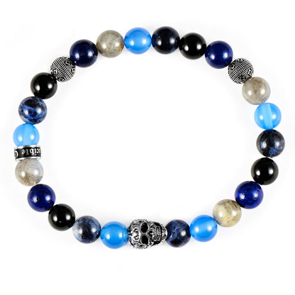 Crucible Jewelry Single Skull Stretch Bracelet with 8mm Polished Black Onyx, Lapis Lazuli, Sodalite, Labradorite and Agate Beads