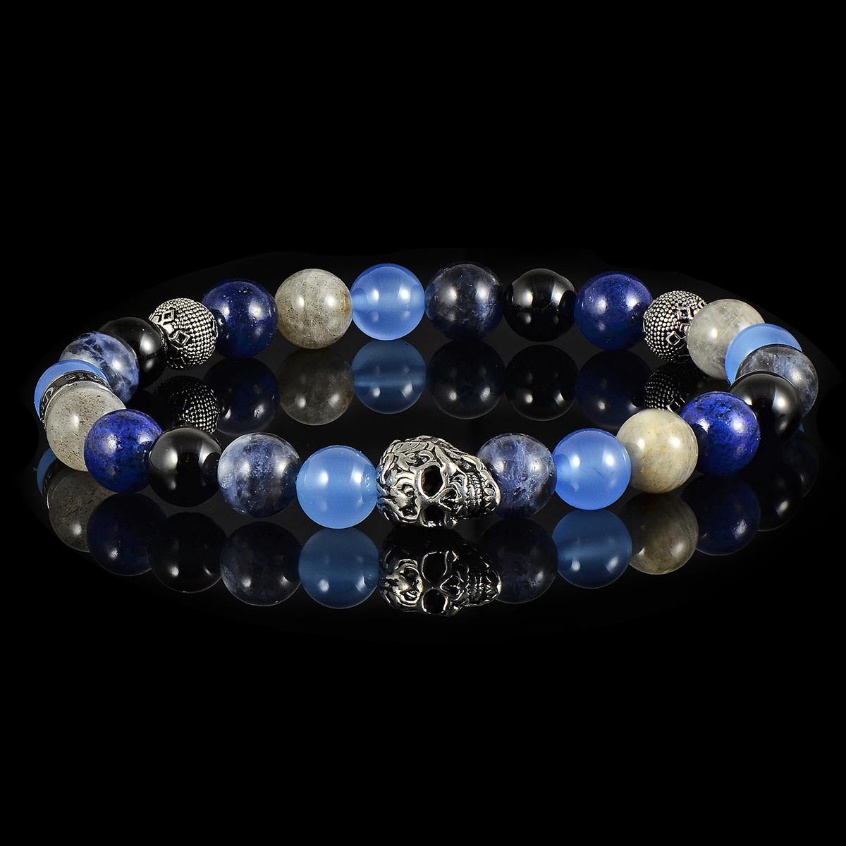 Crucible Jewelry Single Skull Stretch Bracelet with 8mm Polished Black Onyx, Lapis Lazuli, Sodalite, Labradorite and Agate Beads