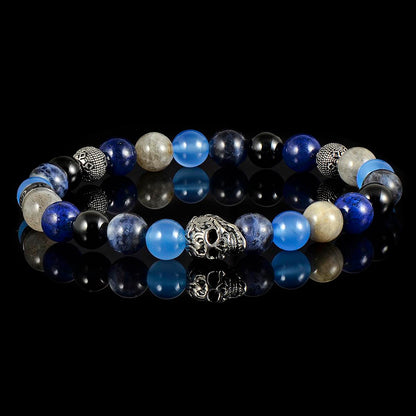 Crucible Jewelry Single Skull Stretch Bracelet with 8mm Polished Black Onyx, Lapis Lazuli, Sodalite, Labradorite and Agate Beads