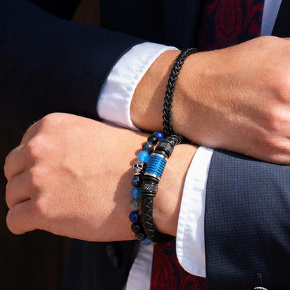 Crucible Jewelry Single Skull Stretch Bracelet with 8mm Polished Black Onyx, Lapis Lazuli, Sodalite, Labradorite and Agate Beads