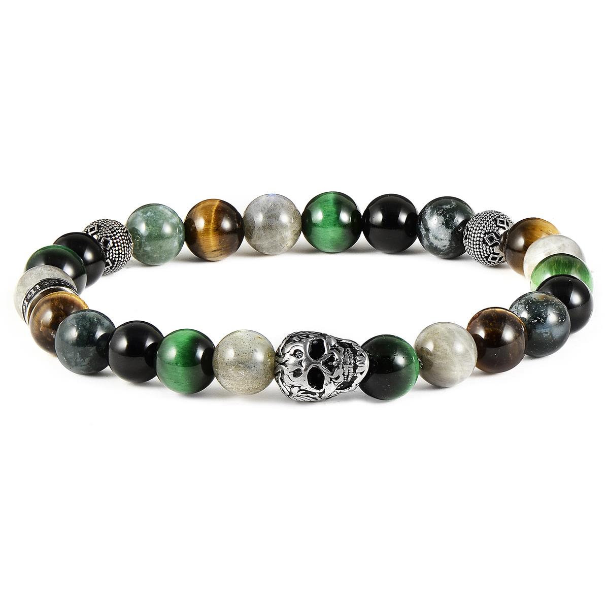 Single Skull Stretch Bracelet with 8mm Polished Black Onyx, Labradorite, Green Tiger Eye, Moss Agate and Tiger Eye Beads