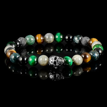 Single Skull Stretch Bracelet with 8mm Polished Black Onyx, Labradorite, Green Tiger Eye, Moss Agate and Tiger Eye Beads