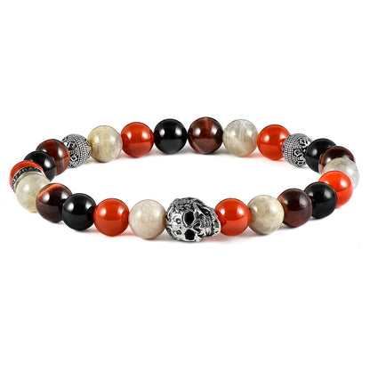 Crucible Jewelry Single Skull Stretch Bracelet with 8mm Polished Black Onyx, Labradorite Red Tiger Eye and Red Agate Beads