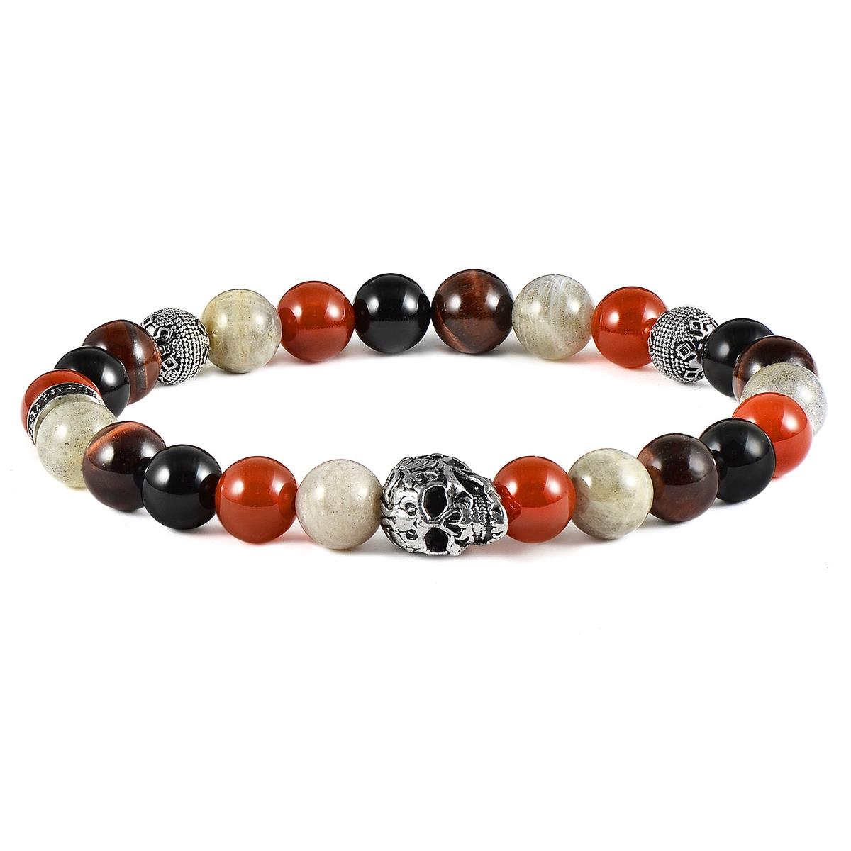 Single Skull Stretch Bracelet with 8mm Polished Black Onyx, Labradorite Red Tiger Eye and Red Agate Beads