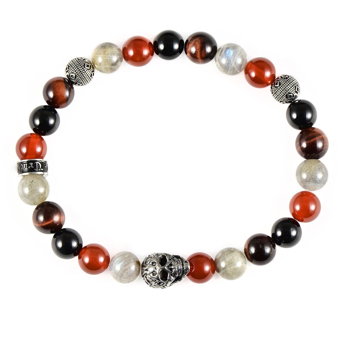 Crucible Jewelry Single Skull Stretch Bracelet with 8mm Polished Black Onyx, Labradorite Red Tiger Eye and Red Agate Beads