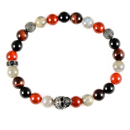 Crucible Jewelry Single Skull Stretch Bracelet with 8mm Polished Black Onyx, Labradorite Red Tiger Eye and Red Agate Beads