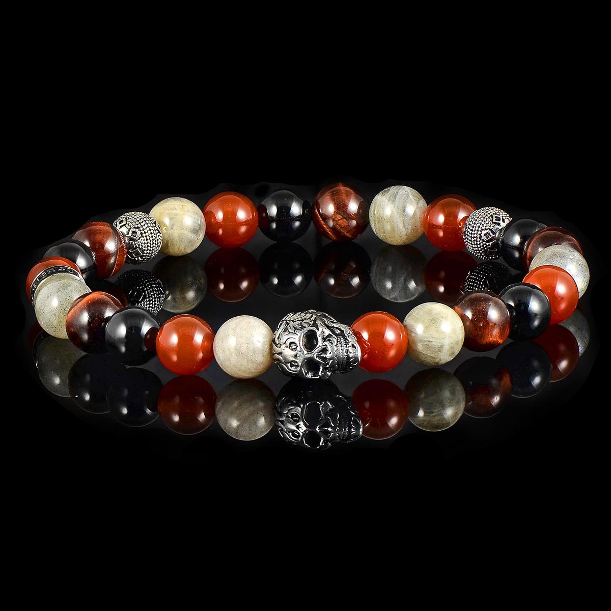 Crucible Jewelry Single Skull Stretch Bracelet with 8mm Polished Black Onyx, Labradorite Red Tiger Eye and Red Agate Beads