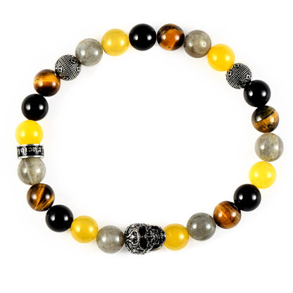 Single Skull Stretch Bracelet with 8mm Polished Black Onyx, Labradorite, Yellow Jade and Tiger Eye Beads