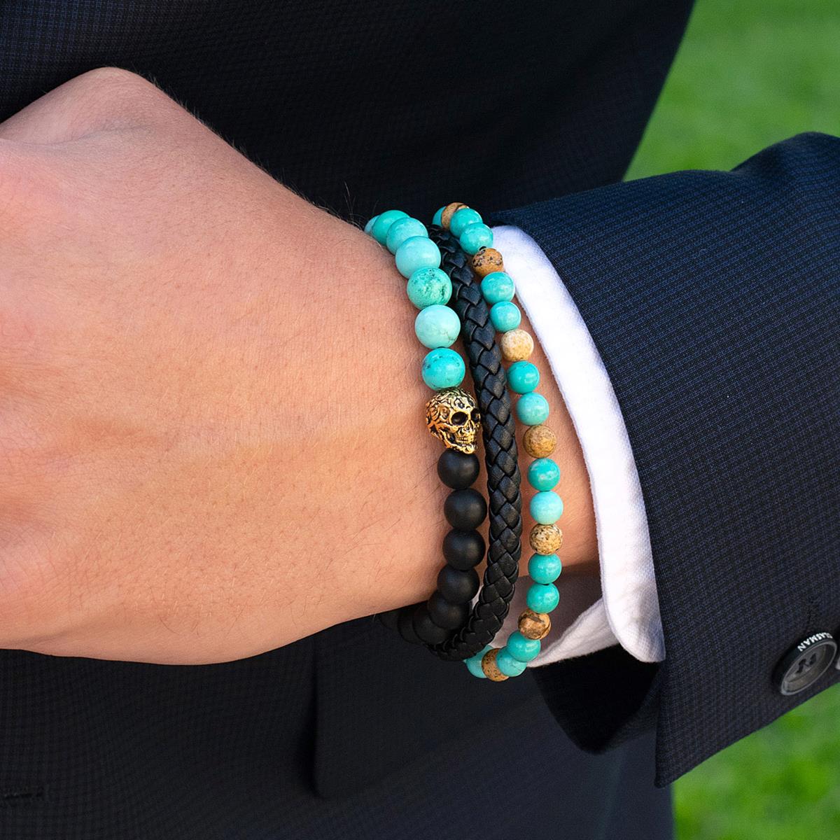 Black Leather Black Clasp Yellow & Green Stone Bracelet