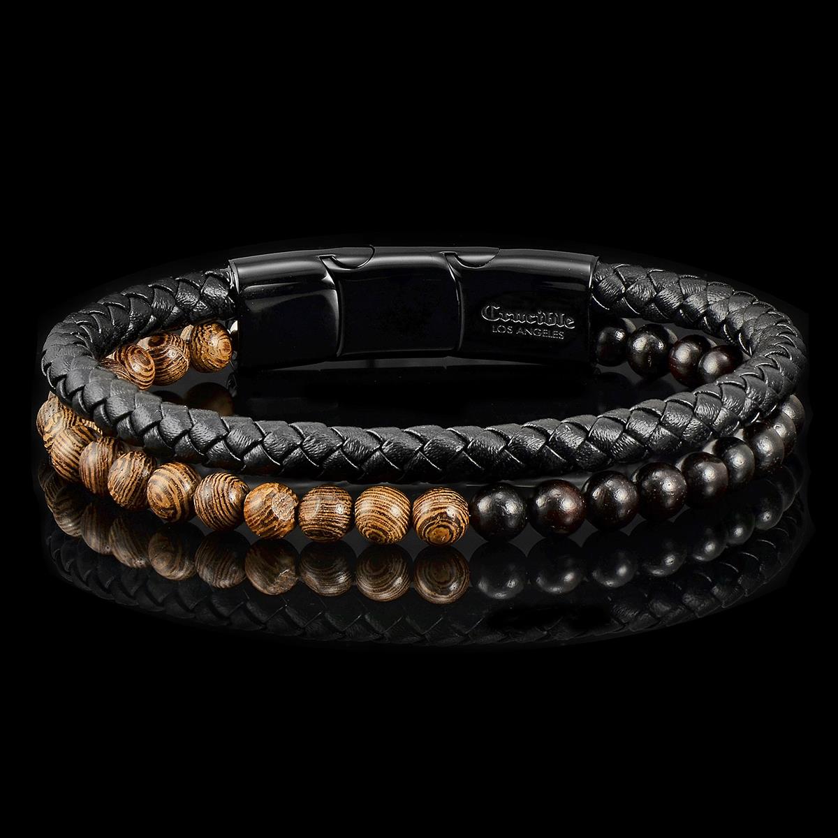 Black Leather Black Clasp Two-tone Wooden Beads Bracelet