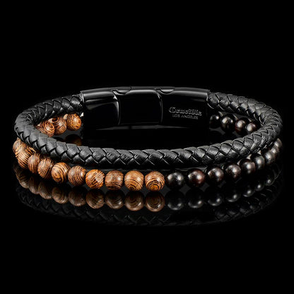 Black Leather Black Clasp Two-tone Wooden Beads Bracelet