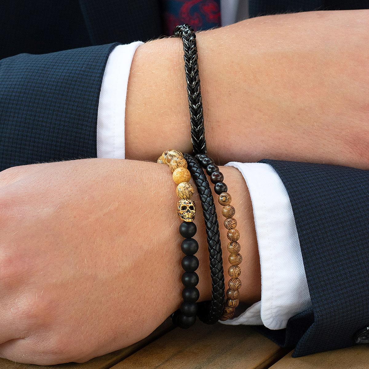 Black Leather Black Clasp Two-tone Wooden Beads Bracelet