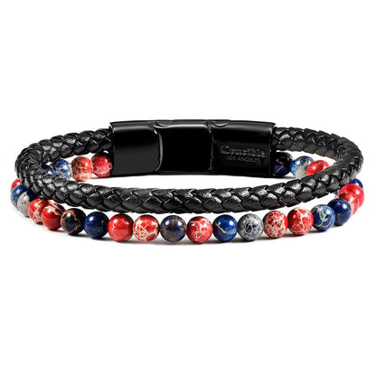 Crucible Jewelry Black Leather Black Clasp Blue and Red Imperial Jasper Bracelet