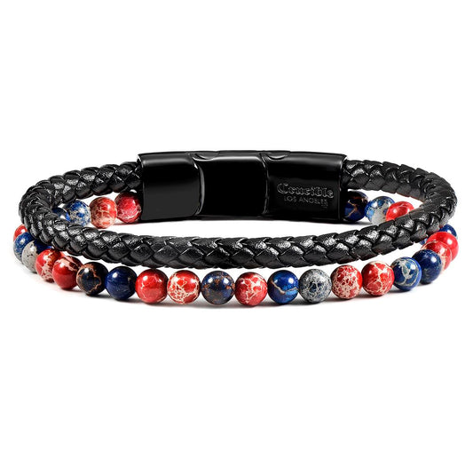 Black Leather Black Clasp Blue and Red Imperial Jasper Bracelet