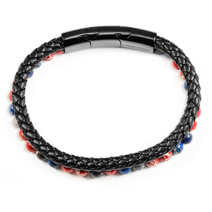 Crucible Jewelry Black Leather Black Clasp Blue and Red Imperial Jasper Bracelet