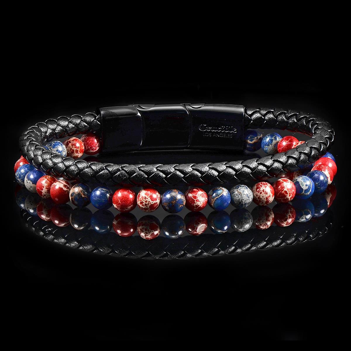 Crucible Jewelry Black Leather Black Clasp Blue and Red Imperial Jasper Bracelet