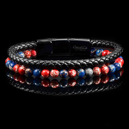 Crucible Jewelry Black Leather Black Clasp Blue and Red Imperial Jasper Bracelet