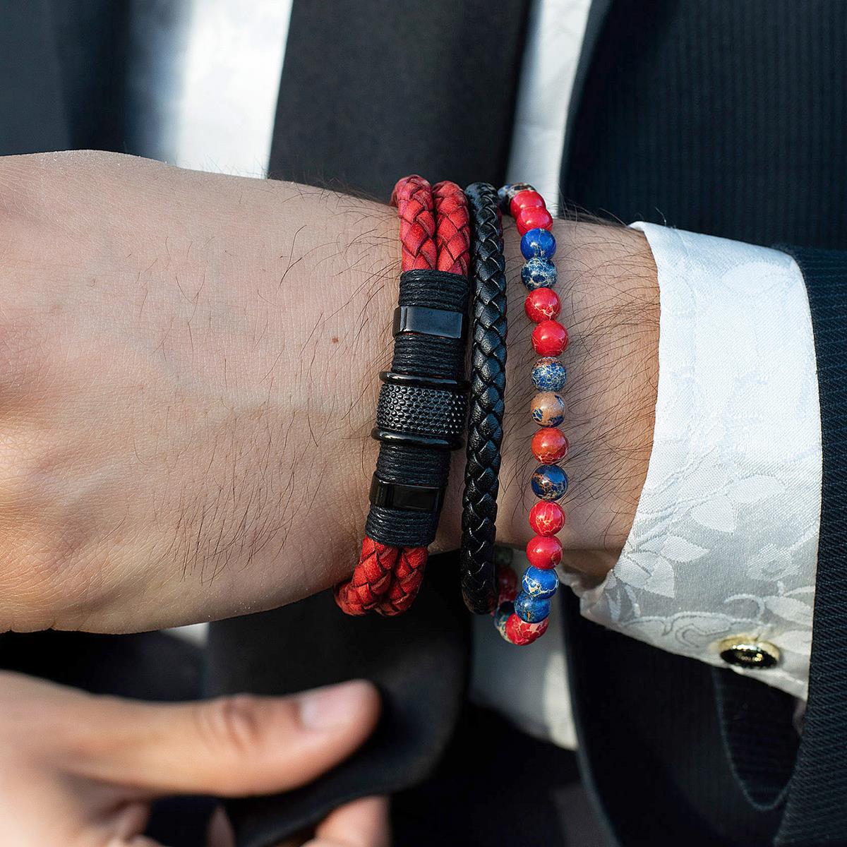 Crucible Jewelry Black Leather Black Clasp Blue and Red Imperial Jasper Bracelet