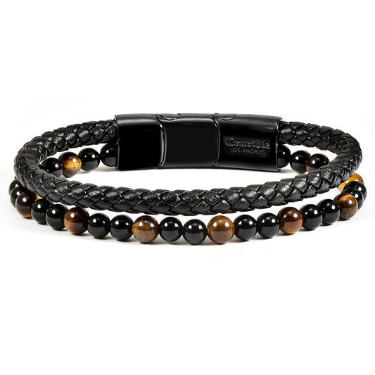 Black Leather Black Clasp Tiger Eye and Black Onyx Bracelet