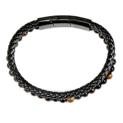 Black Leather Black Clasp Tiger Eye and Black Onyx Bracelet