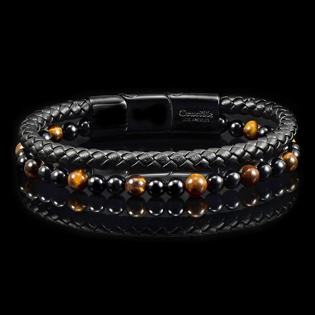 Black Leather Black Clasp Tiger Eye and Black Onyx Bracelet