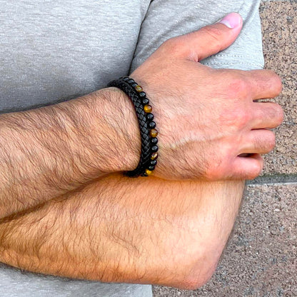 Black Leather Black Clasp Tiger Eye and Black Onyx Bracelet