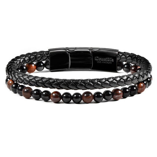 Black Leather Black Clasp Red Tiger Eye and Black Onyx Bracelet