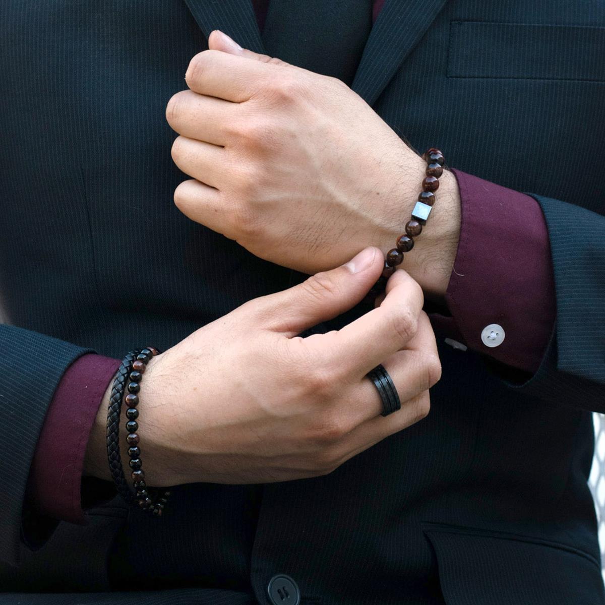 Black Leather Black Clasp Red Tiger Eye and Black Onyx Bracelet