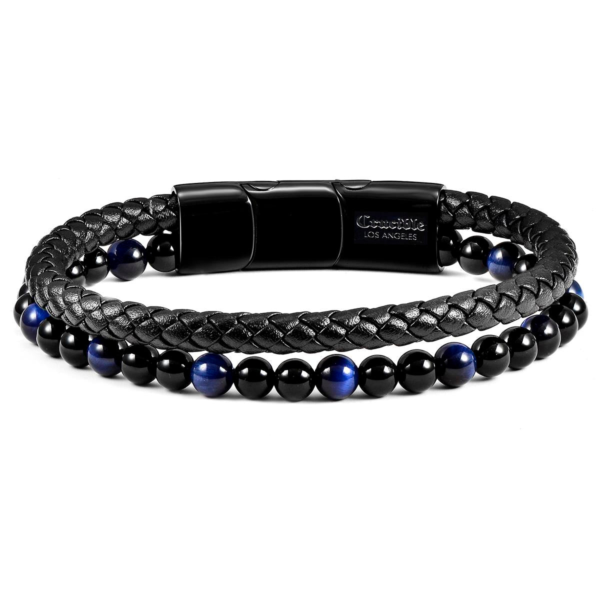 Crucible Jewelry Black Leather Black Clasp Blue Tiger Eye and Black Onyx Bracelet