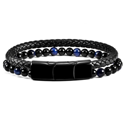 Crucible Jewelry Black Leather Black Clasp Blue Tiger Eye and Black Onyx Bracelet