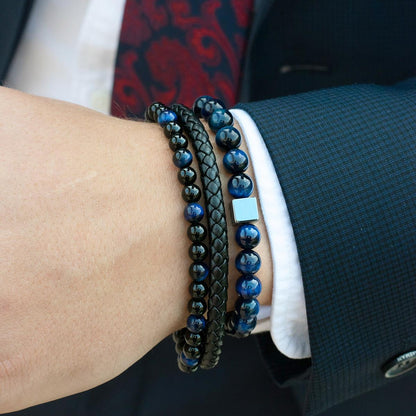 Crucible Jewelry Black Leather Black Clasp Blue Tiger Eye and Black Onyx Bracelet