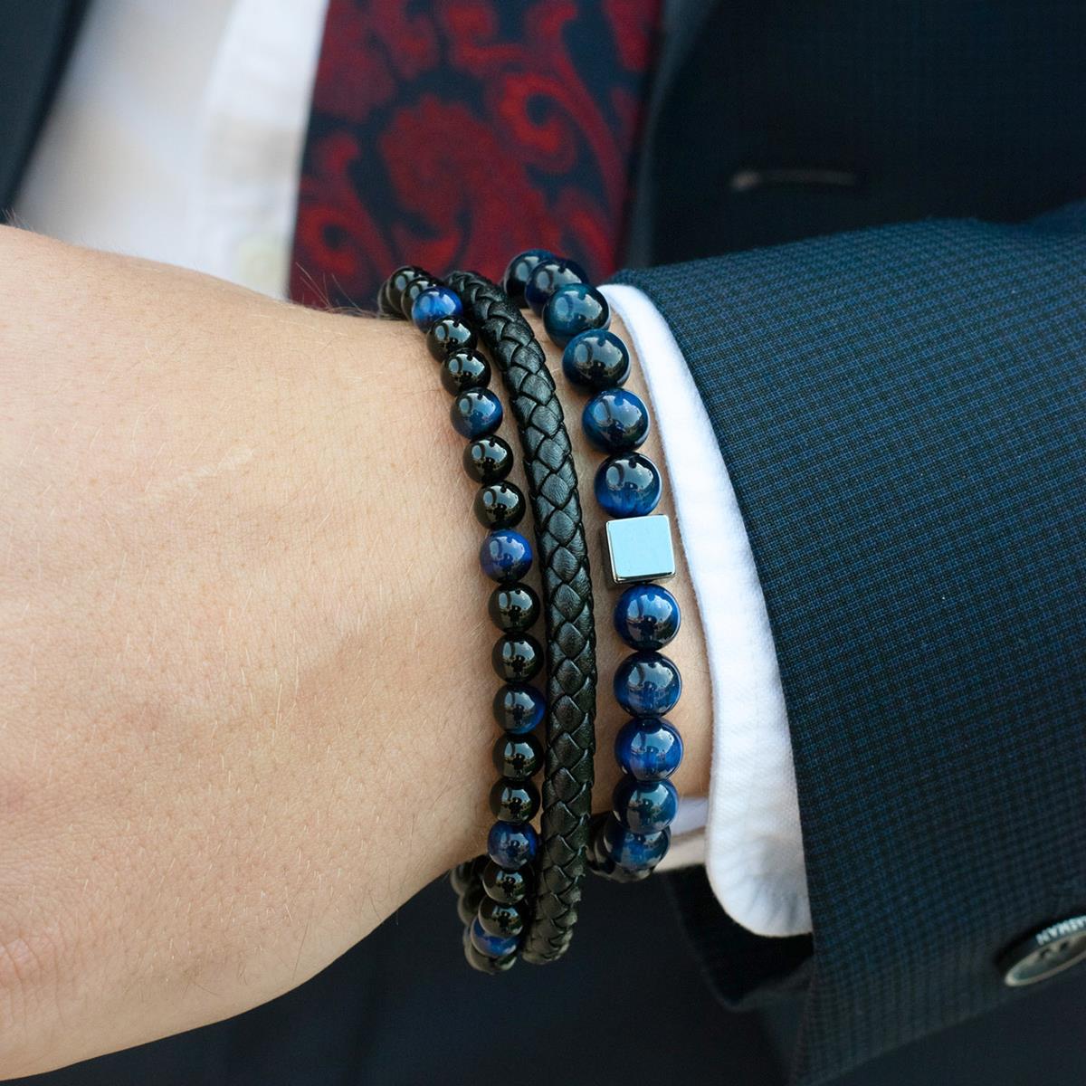 Black Leather Black Clasp Blue Tiger Eye and Black Onyx Bracelet