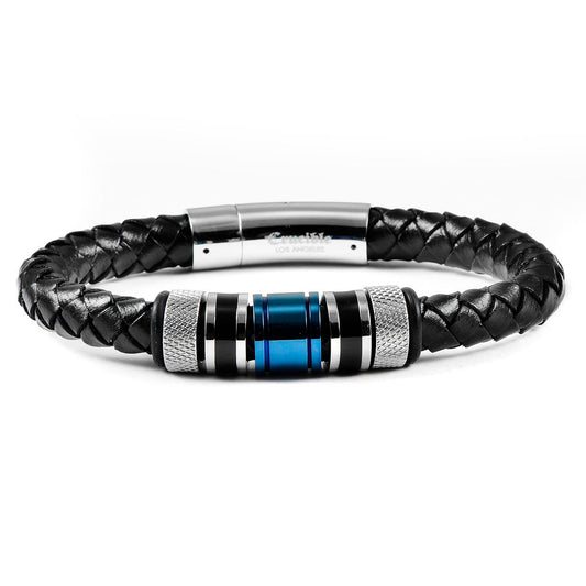 Black Leather 8mm with Black and Blue IP Stainless Steel Beads