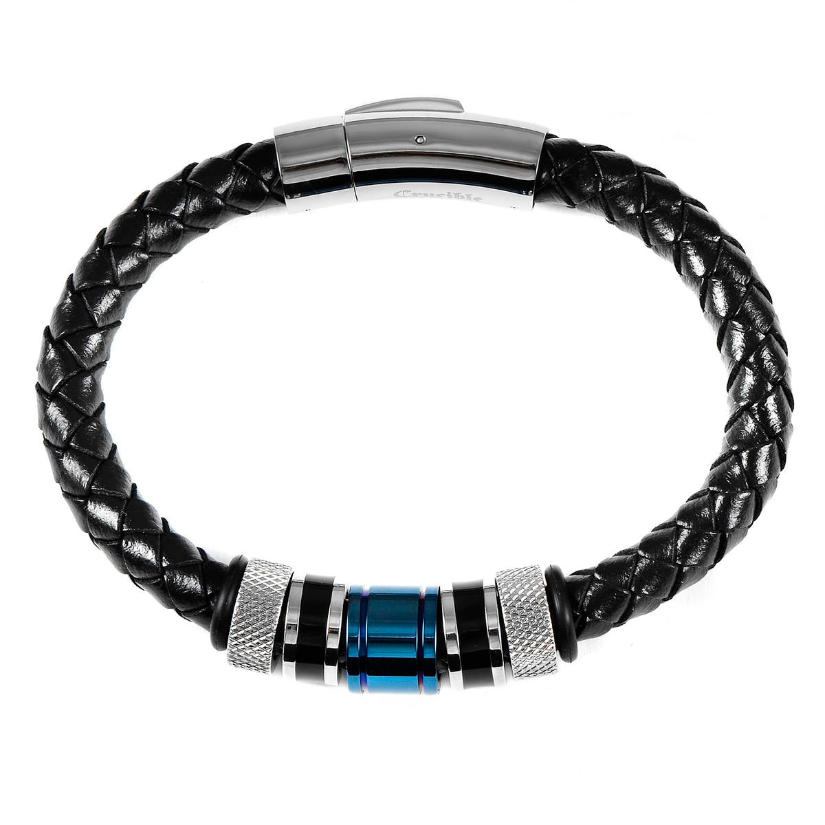 Black Leather 8mm with Black and Blue IP Stainless Steel Beads