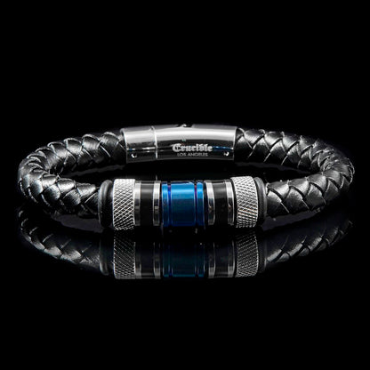 Black Leather 8mm with Black and Blue IP Stainless Steel Beads