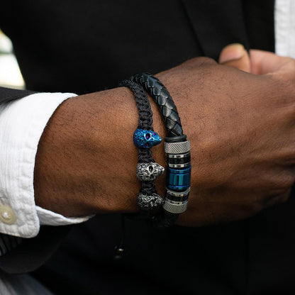 Black Leather 8mm with Black and Blue IP Stainless Steel Beads