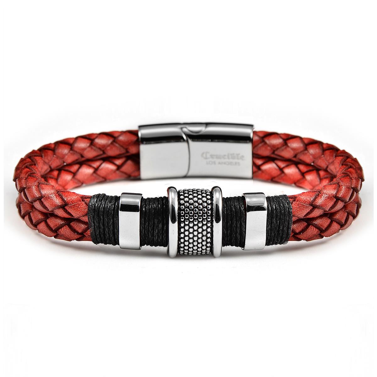 Crucible Jewelry Distressed Red Leather with Black Nylon Cord and Stainless Steel Beads