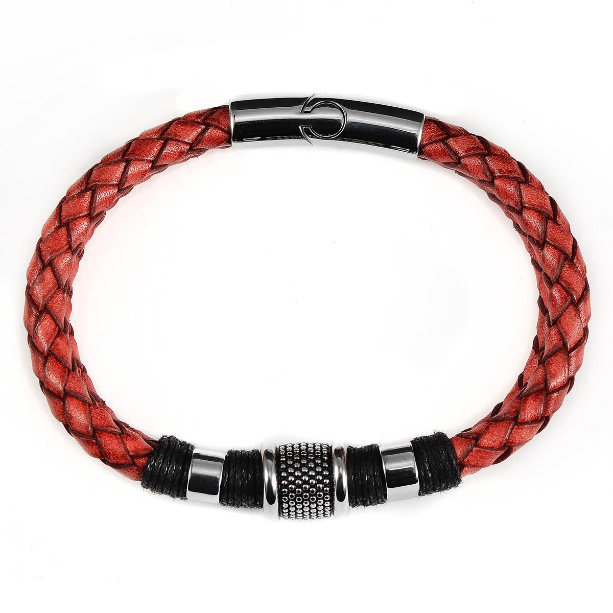 Crucible Jewelry Distressed Red Leather with Black Nylon Cord and Stainless Steel Beads