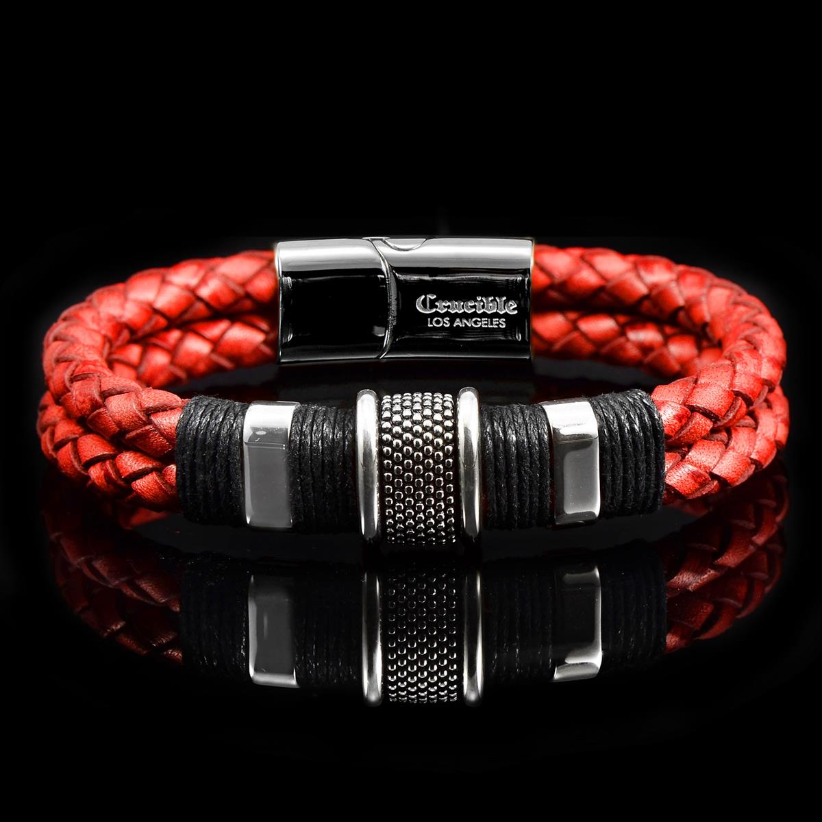 Crucible Jewelry Distressed Red Leather with Black Nylon Cord and Stainless Steel Beads