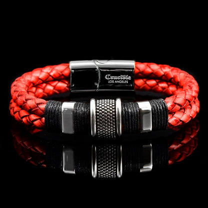 Crucible Jewelry Distressed Red Leather with Black Nylon Cord and Stainless Steel Beads