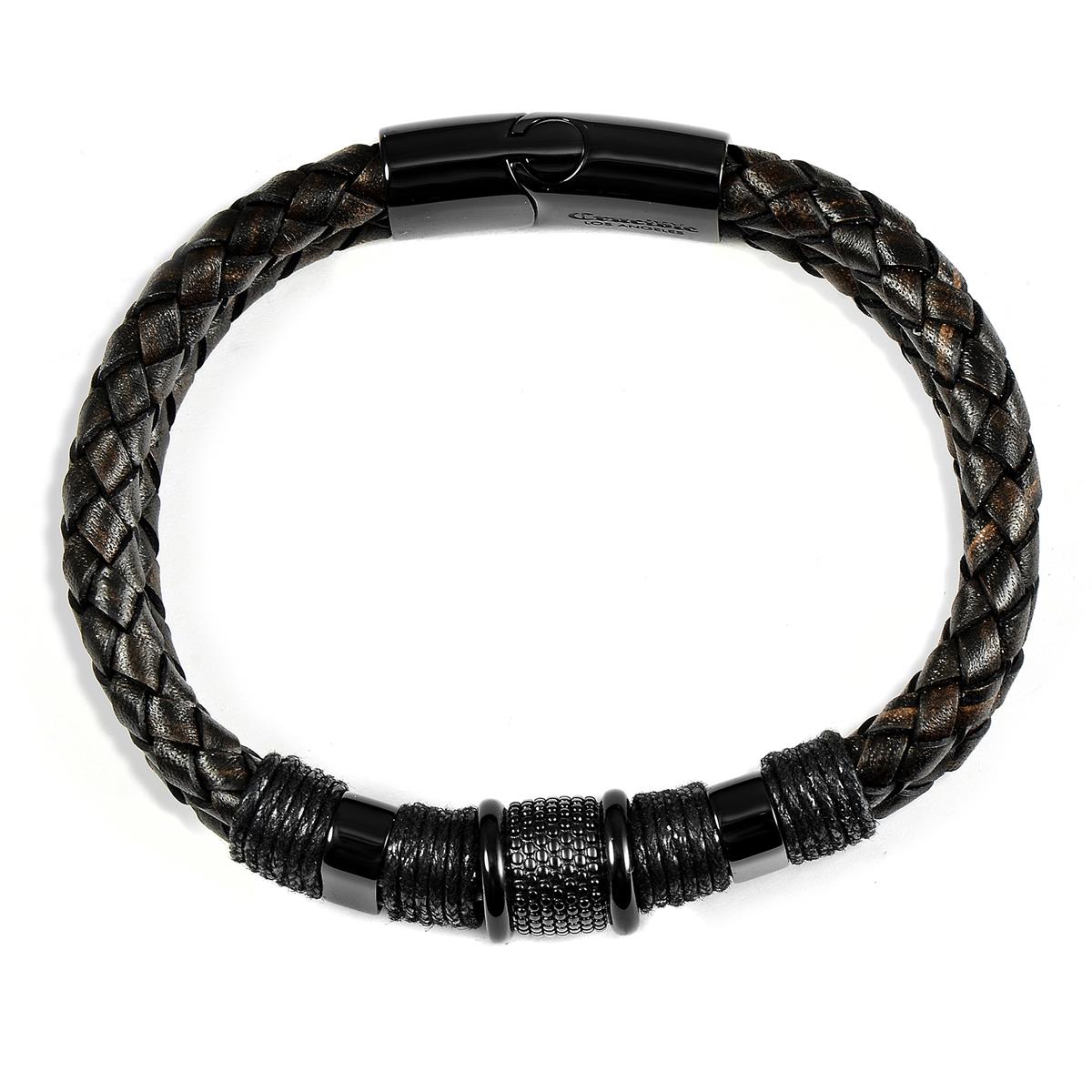 Dark Brown Leather with Black Nylon Cord and Black IP Stainless Steel Beads