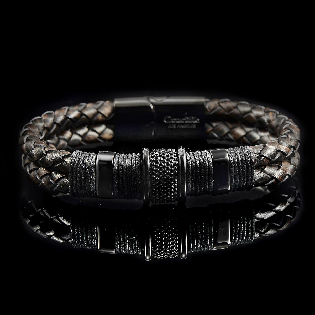 Dark Brown Leather with Black Nylon Cord and Black IP Stainless Steel Beads