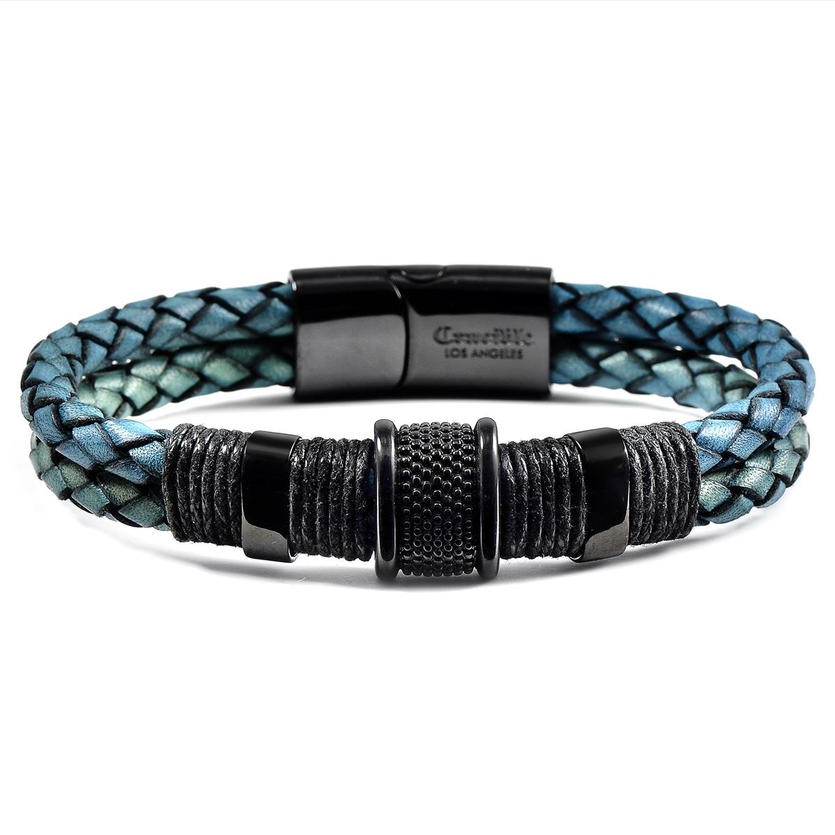 Distressed Blue Leather with Black Nylon Cord and Black IP Stainless Steel Beads